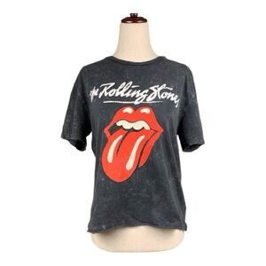 Rolling Stones Cropped Graphic T-Shirt Distressed Tongue Lips Logo Size Large